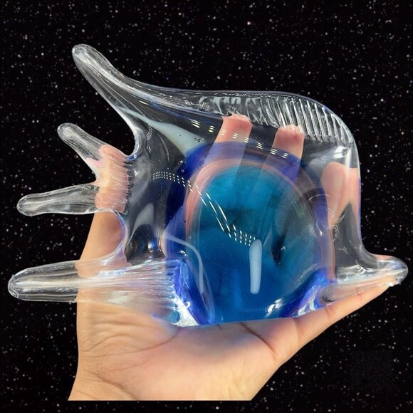 Multicolor Large Art Glass Fish Figurine Paperweight Blue W Clear Edges Heavy - Picture 2 of 14